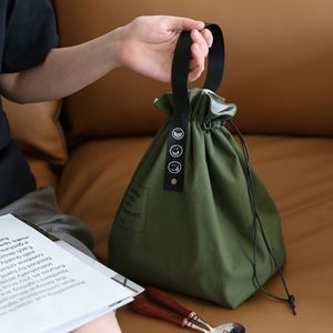 Industrial Style Bento Bag Cotton Linen Insulated Lunch Bag Large Capacity Picnic Bag Khaki Army Green Black - Product Image 2