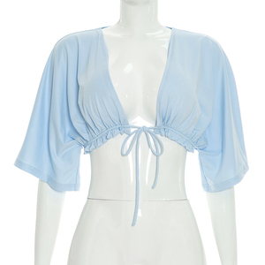 Viviblook Q26TP061 Camiseta de verano con cordones, informal, de color liso, con cordones, de manga corta, para mujer - Product Image 1