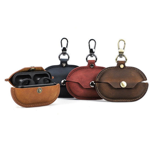 Special Purpose Bag Accessories Custom Real Leather AirPods Case Flip Buckle Bluetooth Earphone Protective Cover with Keychain