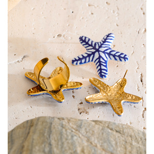 JINYOU 5809 Nautical <strong>Blue</strong> Enamel Starfish Jewelry Set Stainless Steel Starfish Stud Earrings Matching <strong>Ring</strong> - Product Image 2