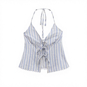 Blue Striped Breathable Woven Short Back Hollow Out Lace-Up Halter Neck Casual Summer Tank <b>Tops</b> for Women - Product Image 3