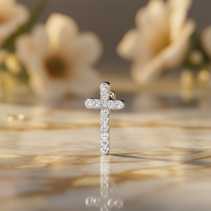 E4755 <b>White</b> <b>Gold</b> <b>Cross</b> Stud Earrings With Round Diamond Channel Setting Religious Unisex Jewelry - Product Image 2