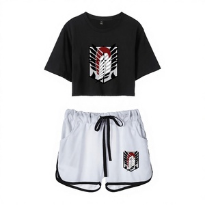 Conjunto de ropa urbana con logo de <span class=keywords><strong>Attack</strong></span> <span class=keywords><strong>on</strong></span> Titan, cuello mandarín, manga corta y ombligo expuesto para mujer - Product Image 1