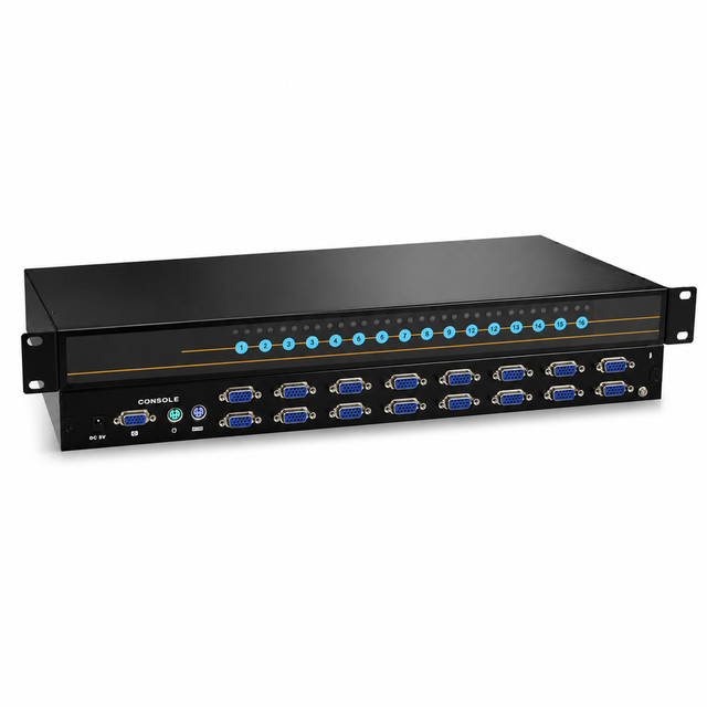 16 Port KVM Switch 1U Rackmount VGA PS/2 Console Server Switcher LED Indicator for Data Center Server Room Multi PC Control