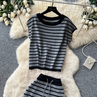 Ensemble jupe mi-longue et haut en tricot rayé pour femme, été, décontracté, élégant, deux pièces
