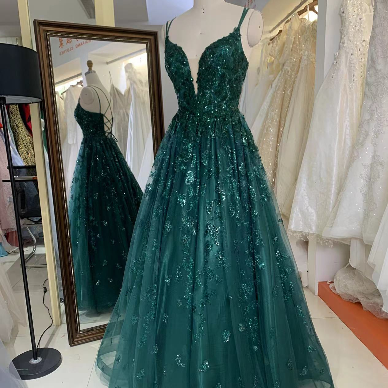 Emerald Green Lace Evening Dress - Floor Length Beaded Gown