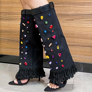 Women Colorful Diamonds Summer <b>Shoes</b> Denim High Heels Stiletto Knee High Boots Open Toe Overlay Fringes Sandals - Product Image 2
