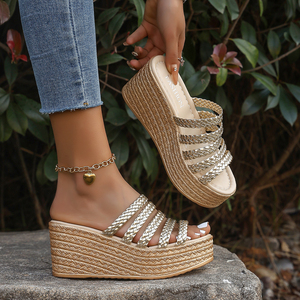 Sandales compensées à bout ouvert pour femmes, avec lanières tressées, style <span class=keywords><strong>espadrille</strong></span>, chaussures décontractées d'été pour dames - Product Image 6