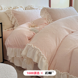 Lace Trimmed Milk Fleece Four Piece <b>Set</b> Autumn Winter Thickened Princess Style Warm Embossed <b>Bedding</b> <b>Set</b> - Product Image 5