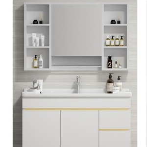 Meuble-lavabo de salle de bain blanc CR 90 cm avec miroir, double porte, tiroir et vasque en céramique - Product Image 1