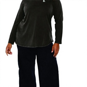 T-shirt décontracté pour femme, col rond, manches longues, 100% coton biologique, noir uni, coupe classique, tissu tricoté respirant, été - Product Image 1