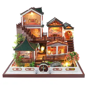 Mini casa de bonecas modelo 3d artesanal, quebra-cabeça de bonecas miniatura kits de casa estilo chinês loft cortyard