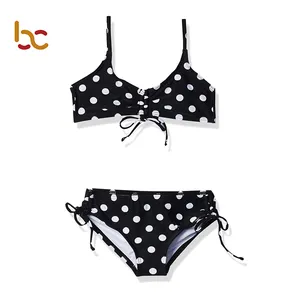 Lovely Cute Children Bathing Suits Tie Front Black Dot Beachwear Crop Top Triangle Button String Girls Swimwear Kids Bikini