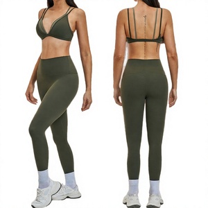 Custom Logo Front Women Solid Contrast Color Strappy Sportswear Workout Gym Fitness Yoga <b>Bra</b> Set High Waist Breathable Leggings - Product Image 2