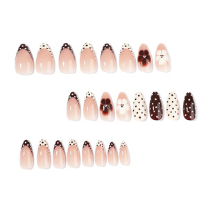 <span class=keywords><strong>Uñas</strong></span> Postizas <span class=keywords><strong>de</strong></span> Almendra Color Nude con Puntos Marrones, Punta Francesa y Detalles Florales Pintados a Mano <span class=keywords><strong>para</strong></span> un Estilo Minimalista Otoñal - Product Image 3