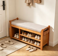 Banc à chaussures en bambou naturel avec coussin, étagère de rangement, tabouret long multifonctionnel pour entrée