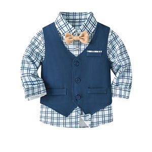 Catpapa Ensemble 4 pièces pour garçons : Gilet, chemise imprimée croix, nœud papillon et pantalon à bretelles rayé – Tenue de cérémonie pour mariage - Product Image 3