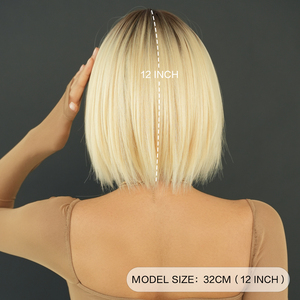 Peluca recta Bob corto con <span class=keywords><strong>flequillo</strong></span> 12in corto Ombre Blond Yaki peluca sintética resistente al calor Borgoña pelo rojo para fiesta Cosplay - Product Image 4