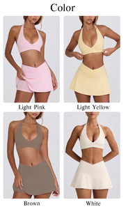 Damen Halfter V-Ausschnitt BH Tennis rock Custom Logo <span class=keywords><strong>2</strong></span>-teiliges festes atmungsaktives Yoga Golf Tennis Sport Wear Front Fitness Outfits - Product Image 4
