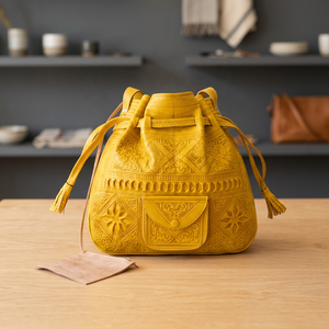 Yellow Genuine Leather Soft Shell Backpack Embossed Patterns Classic Style Durable Carry-<b>on</b> 4-<b>Wheel</b> Handmade Customizable Travel - Product Image 5