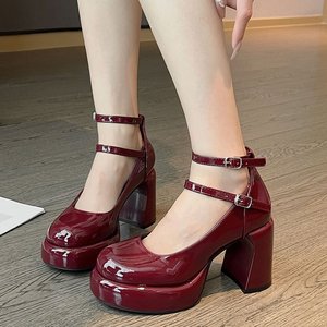 French <strong>Red</strong> Women's High <strong>Heels</strong> Round Toe Chunky <strong>Heel</strong> 6-8cm Pu Upper Rubber Sole One-Strap Buckle Single <strong>Shoes</strong> - Product Image 3