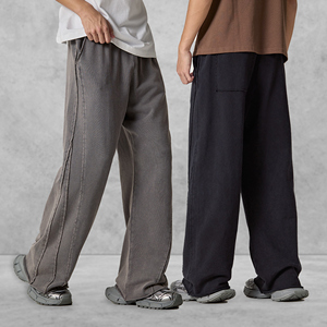 360GSM Pantalons pour hommes délavés en détresse Streetwear transfrontalier Jambe large Ourlet brut Boucle-Manchette en tricot - Product Image 1