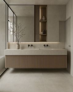 Mueble de Baño Flotante de Madera Natural Personalizado <span class=keywords><strong>con</strong></span> Estantes Laterales Abiertos y Espejo Ovalado <span class=keywords><strong>con</strong></span> LED para Baños Modernos - Product Image 2