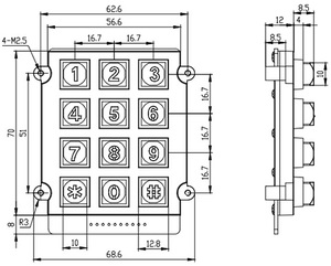 Tastiera impermeabile in lega di zinco/Tastiera retroilluminata a matrice 3x4 in metallo per sistema di controllo accessi - Product Image 3