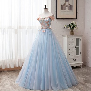 Off The Shoulder Light Blue Tulle Ball Gown Floral Print Empire Waist Evening Dress For Women Adult - Product Image 3