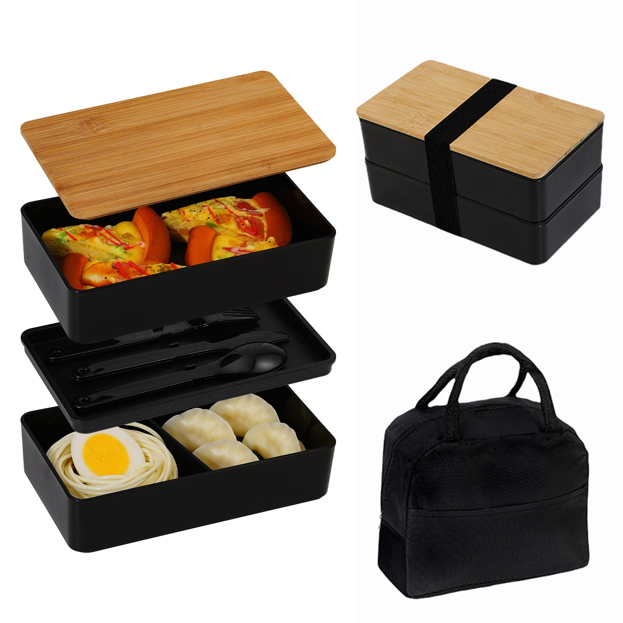 Black double-layer bamboo lunch box