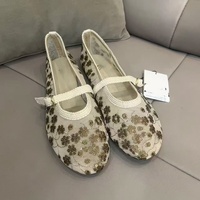 ZA 2026 Nouvelle Collection Automne – Sandales Plates Brodées en Soie Filet avec Perles et Rayures, Boutons, pour Femme – Chaussures Ballerines