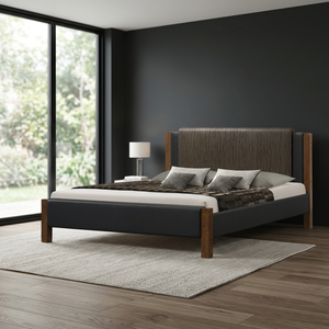 Lit simple, double ou king size massif, série Berea, mobilier de salon moderne de luxe, revêtement en cuir, tissu, PVC, PU, marron, Malaisie - Product Image 3