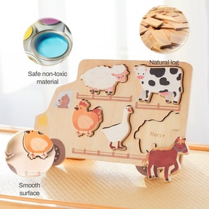 Puzzle éducatif en bois pour bébés, jeu de correspondance des formes, thèmes ferme et voitures, puzzle cognitif d'association en anglais - Product Image 1