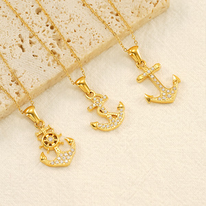 Collana con Modello di Nave Pirata Vintage all'Ingrosso, Prezzo di Fabbrica, Ciondolo Ancora Placcato Oro 18K Impermeabile con Zirconi - Product Image 2