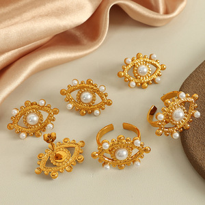 Pearl Stud Earrings Gold Eye Design AAA Pearl Bezel Setting Party Jewelry Women's Earrings <b>Adjustable</b> <b>Ring</b> Set - Product Image 1