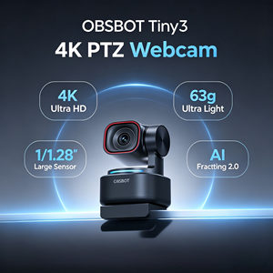 Caméra PTZ 4K alimentée par l'IA <span class=keywords><strong>Obsbot</strong></span> <span class=keywords><strong>Tiny</strong></span> 3 avec suivi automatique, mise au point, trois micros, contrôle gestuel vocal, capteur 1/1.28 - Product Image 1