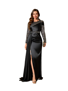 Abito da Sera Elegante <span class=keywords><strong>Nero</strong></span> Puro da Donna <span class=keywords><strong>con</strong></span> Collo Tondo, Maniche Lunghe, Paillettes, Orlo a Balze, <span class=keywords><strong>Spacco</strong></span> <span class=keywords><strong>Laterale</strong></span> e Strascico - Product Image 1