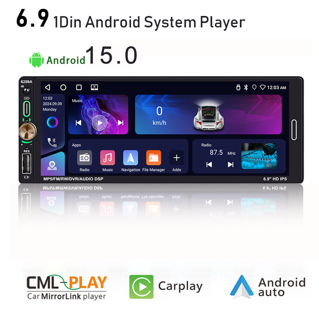 6.9 Inch 1 Din Android System Player with Wireless Carplay Type-C Interface 4+64GB Car Android Player