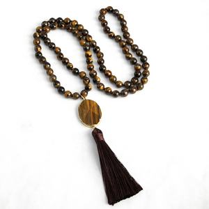 Collana Etnica da Donna alla Moda, Gioielli Boho con Perline, Pietre Naturali, Lunga Collana Annodata con Occhio di Tigre e Amazzonite, Nappa Lunga - Product Image 3