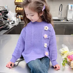 2023 mới mùa thu mùa đông bé gái đan hoa áo len màu tím 2-7 tuổi