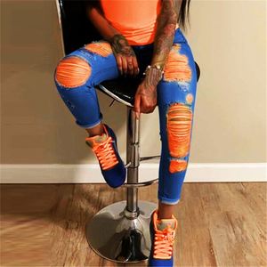 Jeans Skinny a vita alta da <span class=keywords><strong>donna</strong></span> fori Streetwear pantaloni a matita in Denim moda Jeans femminili <span class=keywords><strong>donna</strong></span> Jeans Casual strappati gialli R1609 - Product Image 3
