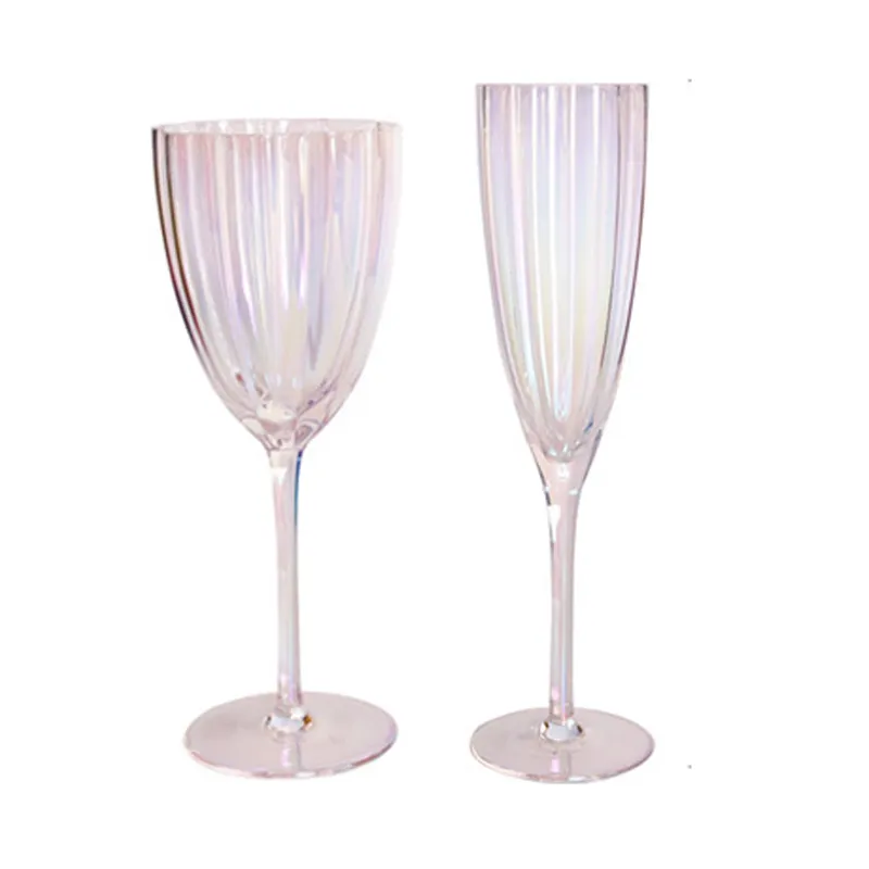 Ortaçağ Vintage stil çiçek gökkuşağı cam kadeh nervürlü dalgalanma desen cam kırmızı şarap şişesi ve şampanya flüt kadehler Luxe düğün için