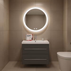 Mueble de Baño Gris con Espejo Redondo LED de 15.7x15.7x6.9, Diseño Moderno y Contemporáneo, Mueble de Pie con Lavabo de Cerámica - Product Image 2