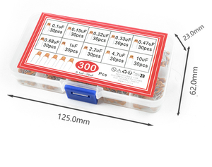 10 especificaciones <span class=keywords><strong>diferentes</strong></span>, cada una con 30 piezas (0,1 UF - 10UF), tipo enchufable. 300 piezas. 300PCS. Nuevo condensador monocristalino. - Product Image 1
