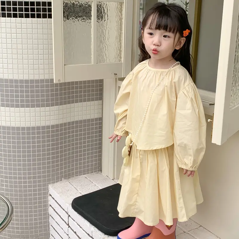 2023 New Spring Autumn Kid Girl Clothing Set Long Sleeved Beige Shirt + Skirt 2 pcs Outfit Set 2-6 Years