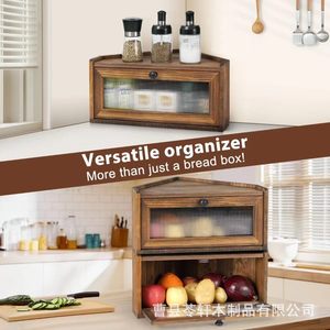 Caja de pan de madera maciza para encimera, caja de almacenamiento de alimentos rústica, estante de conservación de pan, caja de pan para encimera de cocina - Product Image 1