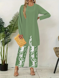 Completo Casual Primaverile/Estivo, Regalo per la Festa della Mamma, Set di 3 Pezzi <span class=keywords><strong>in</strong></span> <span class=keywords><strong>Raso</strong></span> Stampato Ecologico per <span class=keywords><strong>Donna</strong></span>, Manica Lunga - Product Image 6