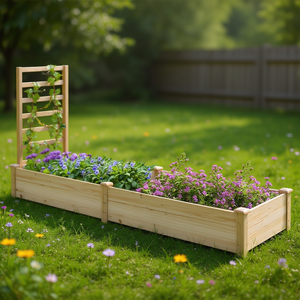 Bac à potager surélevé en bois naturel, rectangulaire, moderne, avec treillis fonctionnel pour clôture de jardin - Product Image 2