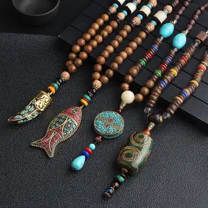 Nepalese Handmade Necklace Jewelry Nepal Buddhist Mala Wood Beads Pendant Necklace Ethnic Fish Horn Long Statement Necklace