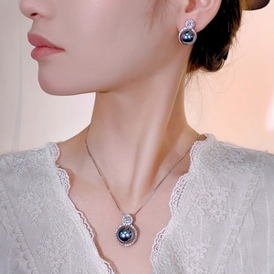 Wholesale Fashion Eco-friendly Copper 16-12mm Round Grey Pearl Jewelry Set Elegant Simple Pendant <b>Earrings</b> Set for Women - Product Image 6